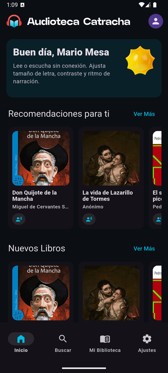 Pantalla principal de Audioteca Catracha